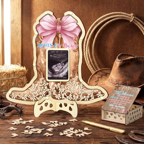 Image of Wenqik 63 Pcs Boots or Bows Gender Reveal Baby Shower Guest Book Alternatives Set Baby Shower Decorations with Photo Frame Sonogram Frame Keepsake 60 Wood Slices Guest Book for Birthday