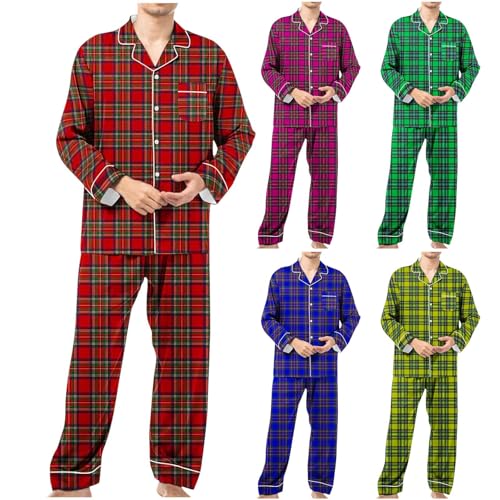 Christmas Plaid Sleepwear Sets for Men Long Sleeve Button Down Couples Pajamas Set Xmas Holiday Casual Loungewear