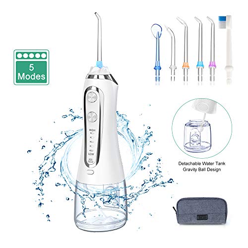 Irrigador Bucal Portátil, Irrigador Dental Viaje con 5 Modos 6 Boquillas, Irrigadores con USB Recargable, IPX7 Impermeable para Higiene Dental Limpieza Dental en Hogar/Viaje/Oficina