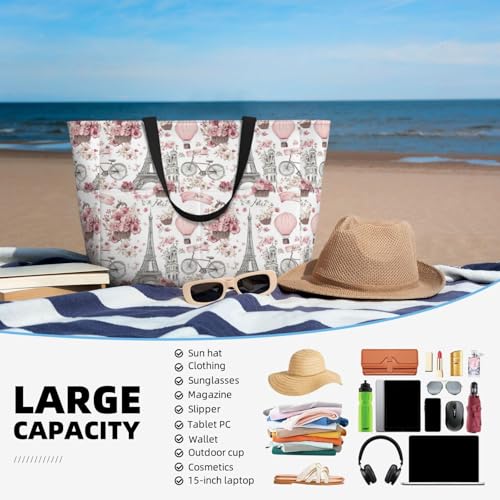Large Beach Bags for Women Sandproof - Pink Hot Air Balloon Flower Print Summer Travel Work Tote Bags with Zipper4