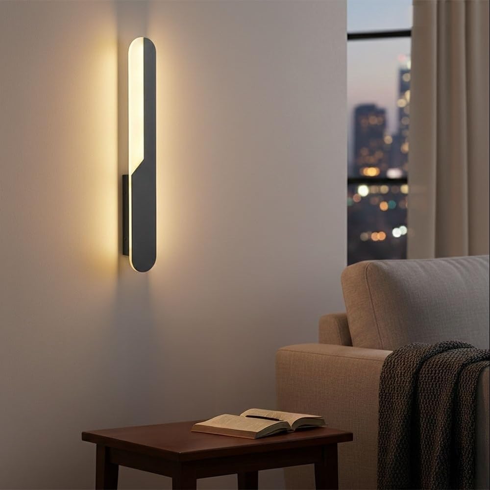 Modern Linear LED Wall Sconce, Minimalist Long Strip Wall Lamp, Nordic Vanity Light in Acrylic and Metal for Bedroom Bedside, Living Room, Hallway, Staircase, Warm Light Parlor(Black)
