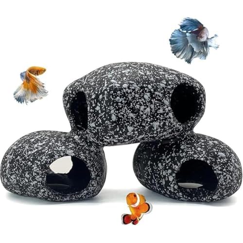 Image of Aquarium Rock Cave Decoration - Fish Tank Hideout Shelter with Multi Holes | Natural Stone Look Betta House for Aquarium Decor | Safe Resin Cave for Small Fish, Shrimp & Aquatic Pets