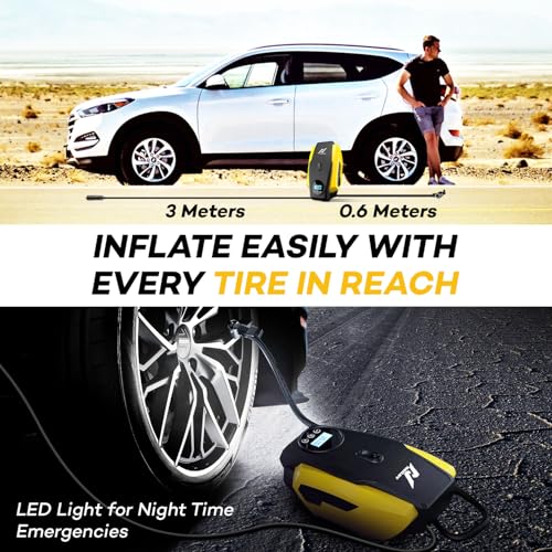 Image of NexLev Tyre Inflator Kit for Car | 150 PSI 12V Air Compressor for Car, Bike & Cycle, 120W Tyre Inflator Pump with Digital Display, Auto Shut-Off, LED Emergency Light, 3m Cord, 3 Nozzles |AER TI-02