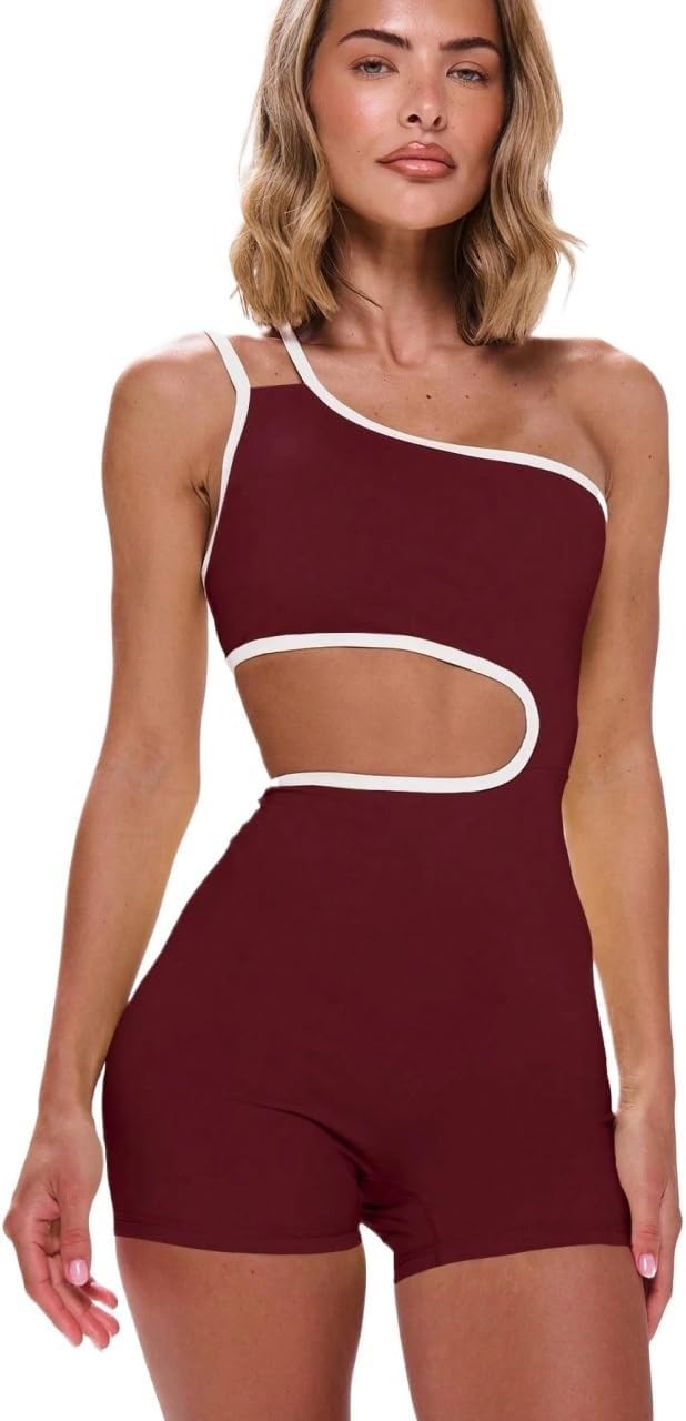 Rompers for Women Summer 2026 Sport Asymmetrical Neck Trim Cutout Workout Gym, Pickleball Pilates