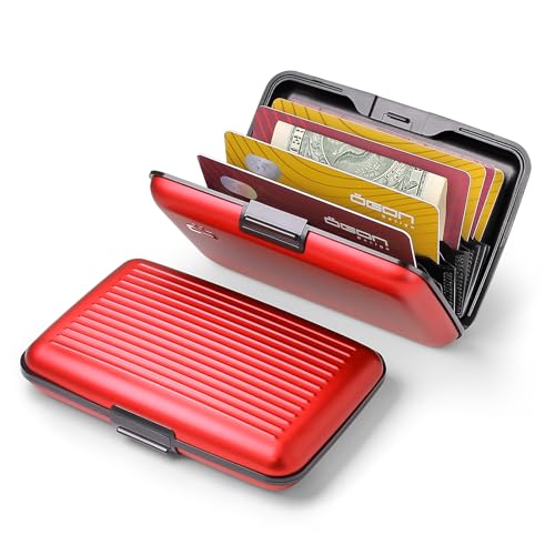 Image of OGON -DESIGNS- Aluminum card holder, RFID protection against fraud and demagnetization, compact wallet, Smart Case STOCKHOLM model (Aluminum Red, Standard lock)