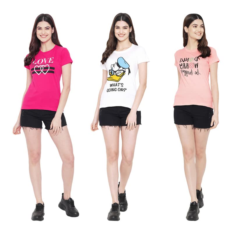 Image of Preneum Women's Cotton Regular Fit Graphic Stylish Printed Short Sleeves Casual T-Shirt || Trend & Style (Pack 3)