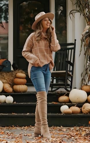 Image of ECOWISH Women Fall Pullover Sweater Turtleneck Plaid Long Sleeve Loose Casual Chunky Checked Knit Winter Sweaters Jumper Tops