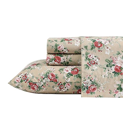 Image of Laura Ashley - Full Size Sheet Set, Crisp & Lightweight Cotton Percale Bedding with Fitted Sheet and Pillowcases, Floral Room Decor, Deep Pocket, College Dorm Room Essentials (Ashfield Beige)