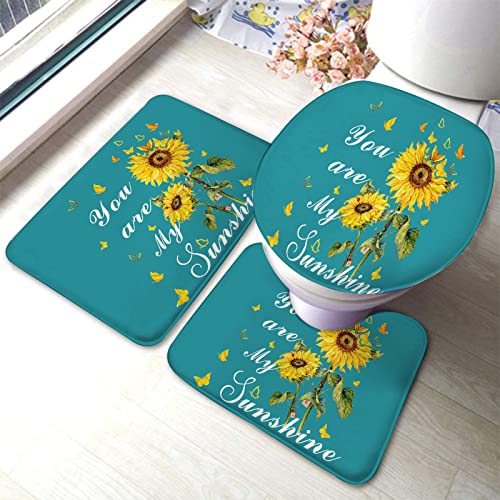 Badezimmerteppich-Set, 3-teilig, You Are My Sunshine, Sonnenblume und Schmetterling, Blaugrün, waschbarer Badvorleger, rutschfest, mit Rückenpolster, Konturteppich und Toilettendeckelbezug