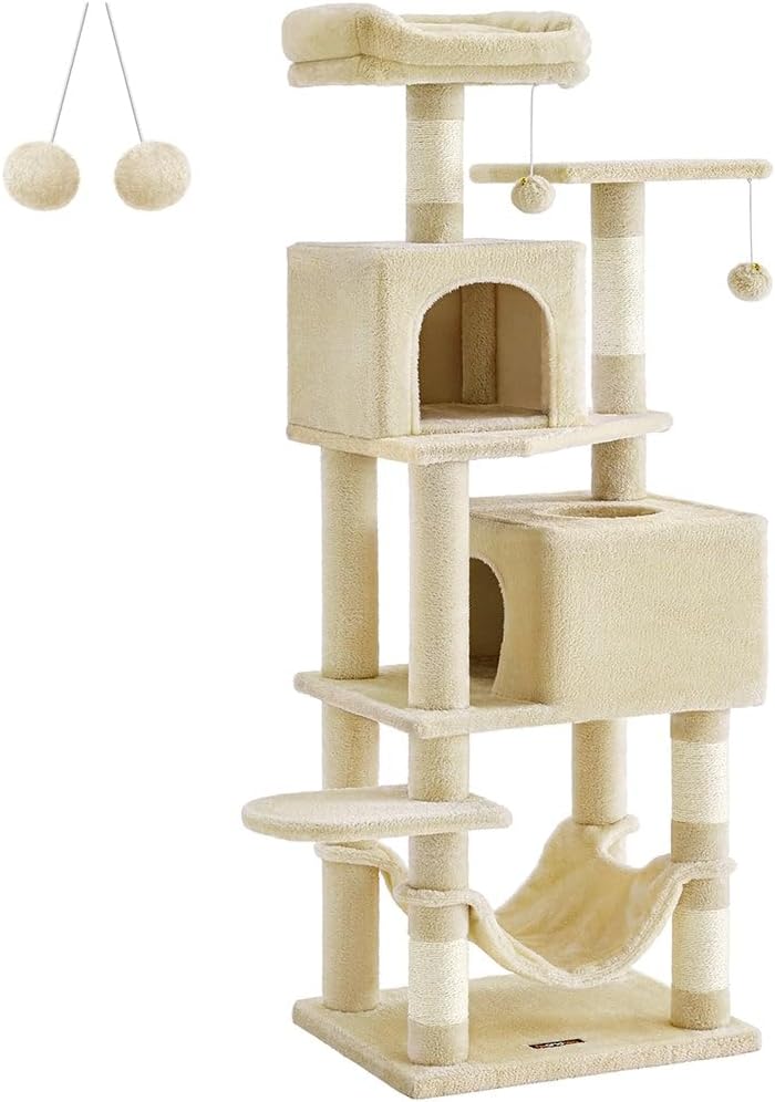 Cat Tree, 59.5-Inch Tall Cat Tower, Plush Multi-Level Condo with 5 Scratching Posts, 2 Perches, 2 Caves, Hammock, 2 Pompoms, Beige UPCT192M01