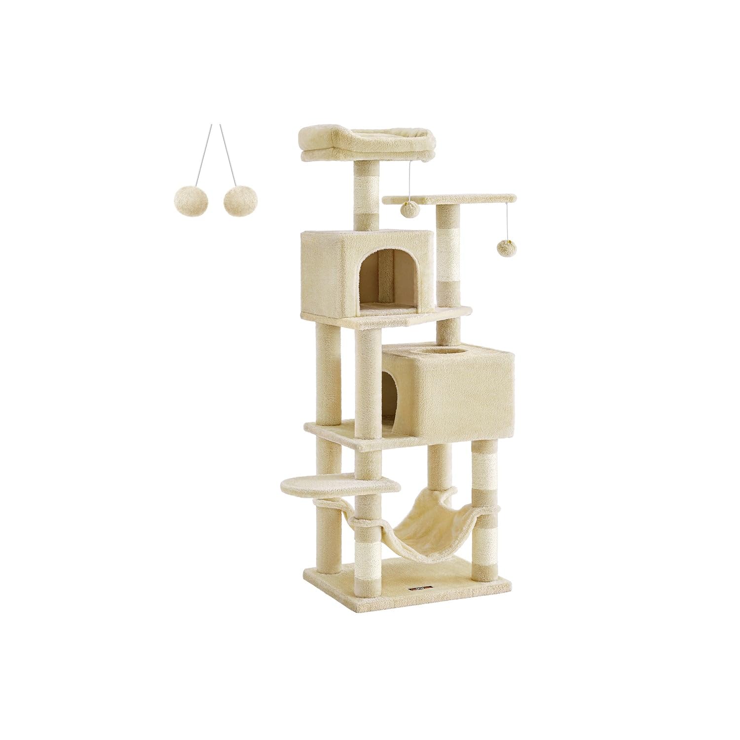 Feandrea Cat Tree, 61-Inch Cat Tower for Indoor Cats, Plush Multi-Level Cat Condo with 5 Scratching Posts, 2 Perches, 2 Caves, Hammock, 2 Pompoms, Bei