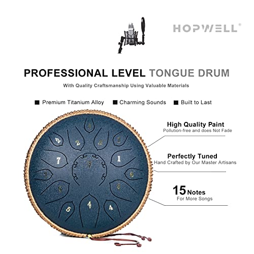 Image of HOPWELL Steel Tongue Drum - 15 Note 12 Inch Tongue Drums - Percussion Instruments - Hand Pan Drum with Music Book, Drum Mallets and Carry Bag, D Major, Navy Blue