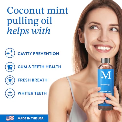 Mouthology Coconut Oil Pulling for Teeth and Gums 8oz (Made in USA), Whitening Pulling Oil Coconut Mint Mouthwash for Fresh Breath Ayurvedic Oil Pulling Mouth Gum Health Oral Care Scraper Oral Care