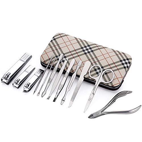 Professional Stainless Steel Manicure Tools Pedicure Grooming Kit Nail Clippers Set of 12 with Portable Travel Case