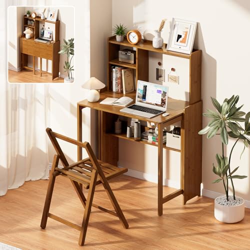 Usofhaus Bamboo Folding Desk with Bookshelf Compact Computer Desk with Hutch for Small Spaces Foldable Desk with Storage Shelf Space-Saving Home Office Desk for Bedroom Dorm Apartment Brown