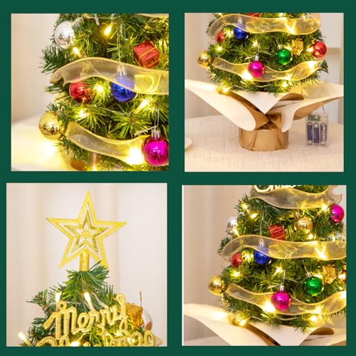 Mini árvore de Natal, pequena árvore de Natal com luzes LED, ornamentos de mesa, decoração de Natal