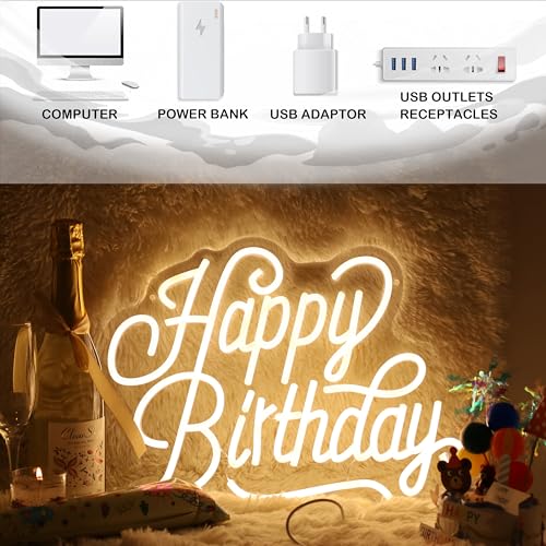 Image of Happy Birthday Neon Sign For Backdrop Birthday Decorations LED Neon Light Signs for Birthday Led Light Up Sign Party Decor Dimmable Warm White LED for Birthday Gift 16.5 inchx12.4 inch