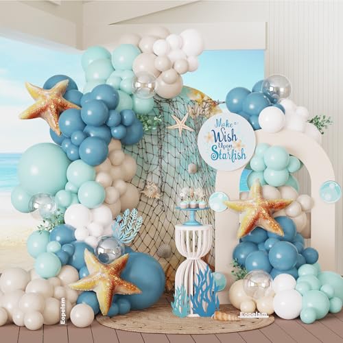 Under the Sea Party Decorations 140pcs Blue and sand white Balloons with Starfish Foil Balloons for Summer Ocean Beach Baby Shower Birthday Party Supplies
