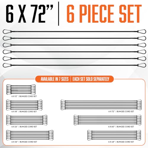 Image of Extra Long Bungee Cords with Carabiner Hooks 6x72 Heavy Duty Outdoor | 6 pack of 72 inch heavy duty bungee cords with locking carabiner hooks, UV and weather resistant for cargo and outdoor use