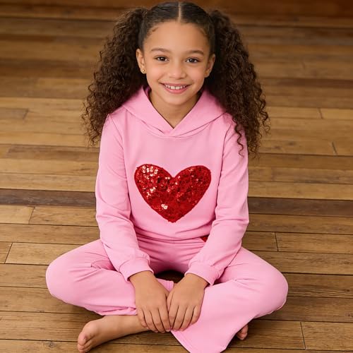 Image of 6-13 Years Girls Clothing Heart Print Hoodie Top + Heart Print Flare Leg Pants 2PC Clothing Set