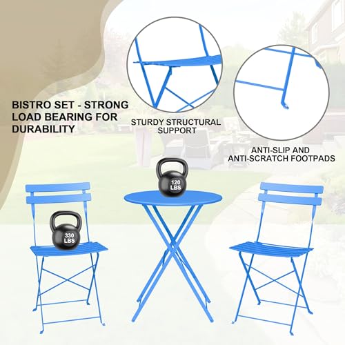 3-Piece Folding Bistro Set, Outdoor Patio Furniture Set with 2 Chairs & 1 Table, Space-Saving Foldable Balcony Garden Set with Heavy-Duty Powder-Coated Steel Frame, No Assembly Required, Blue by GarveeTech - Image 6