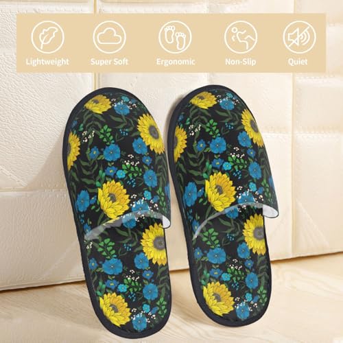 Sunflowers And Blue Flower Print House Slippers For Women And Men,Soft Slippers With Memory Foam,Non-Slip Indoor Home Shoes2