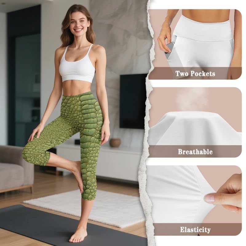 Irisjudy High Waist Capri Leggings Women Crocodile Skin Workout Capri Yoga Pants with Pocket Peony Flower Plus Size Capris3