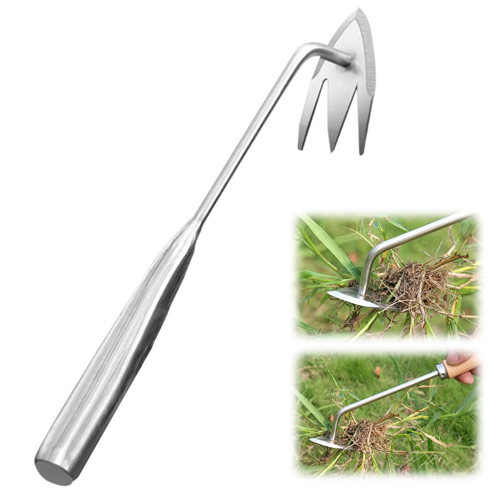 Fodeuxp Manual Weed Puller Tool, 2025 New Weeding Artifact Uprooting Weeding Tool, 3 Tooth Manganese Steel Weed Remover Tool for Gardening Backyard Farm (Stainless Steel)