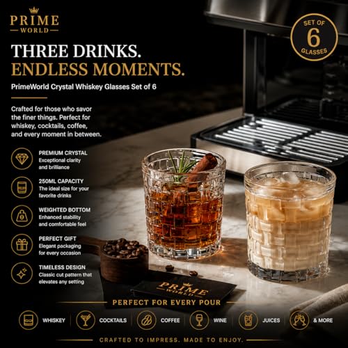 Image of PrimeWorld Crystal Whiskey Glasses Set of 6 | 250ml Hand-Blown Crystal Drinking Glasses with Weighted Bottom | Premium Barware for Bourbon, Scotch, Cocktails, Whisky, Wine & Beverages