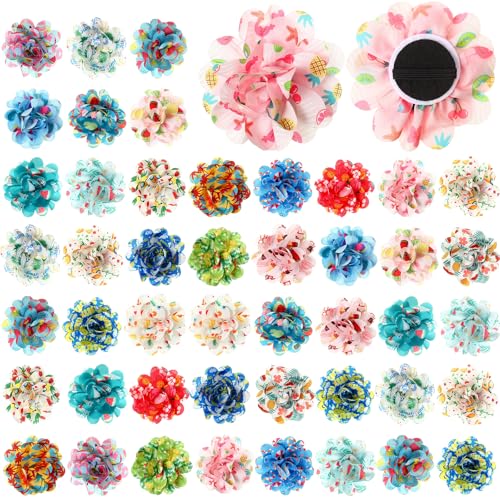 Huhumy 50 Pcs Summer Flowers for Dog Collars Bulk Hawaiian Dog Flower Collar Accessory Pet Bow Ties for Puppy Cat Grooming Charms Accessories Summer Fruits Beach Party Costume