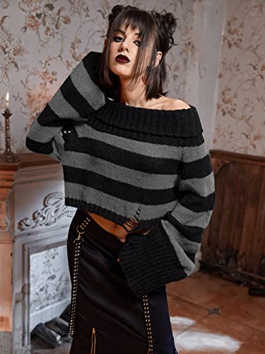 Women's Sweater Striped Drop Shoulder Ripped Sweater Sweater for Women (Color : Gray, Size : Large)3