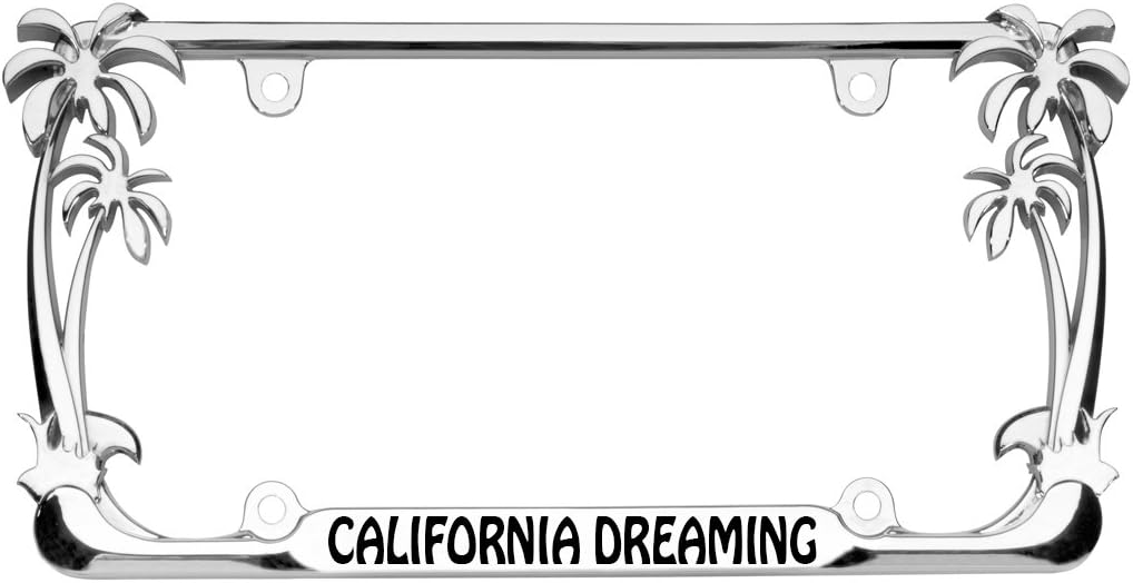 California Dreaming Palm Tree Design Chrome Metal Auto License Plate Frame Car Tag Holder with car Banner Flag