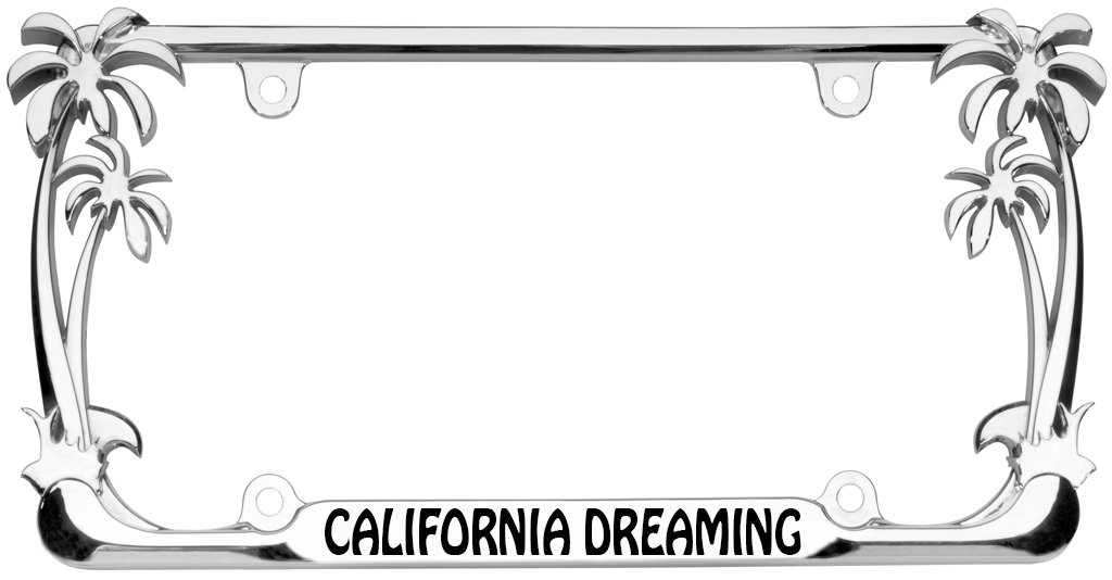 California Dreaming Palm Tree Design Chrome/Black Metal Auto License Plate Frame Car Tag Holder (3C/B)