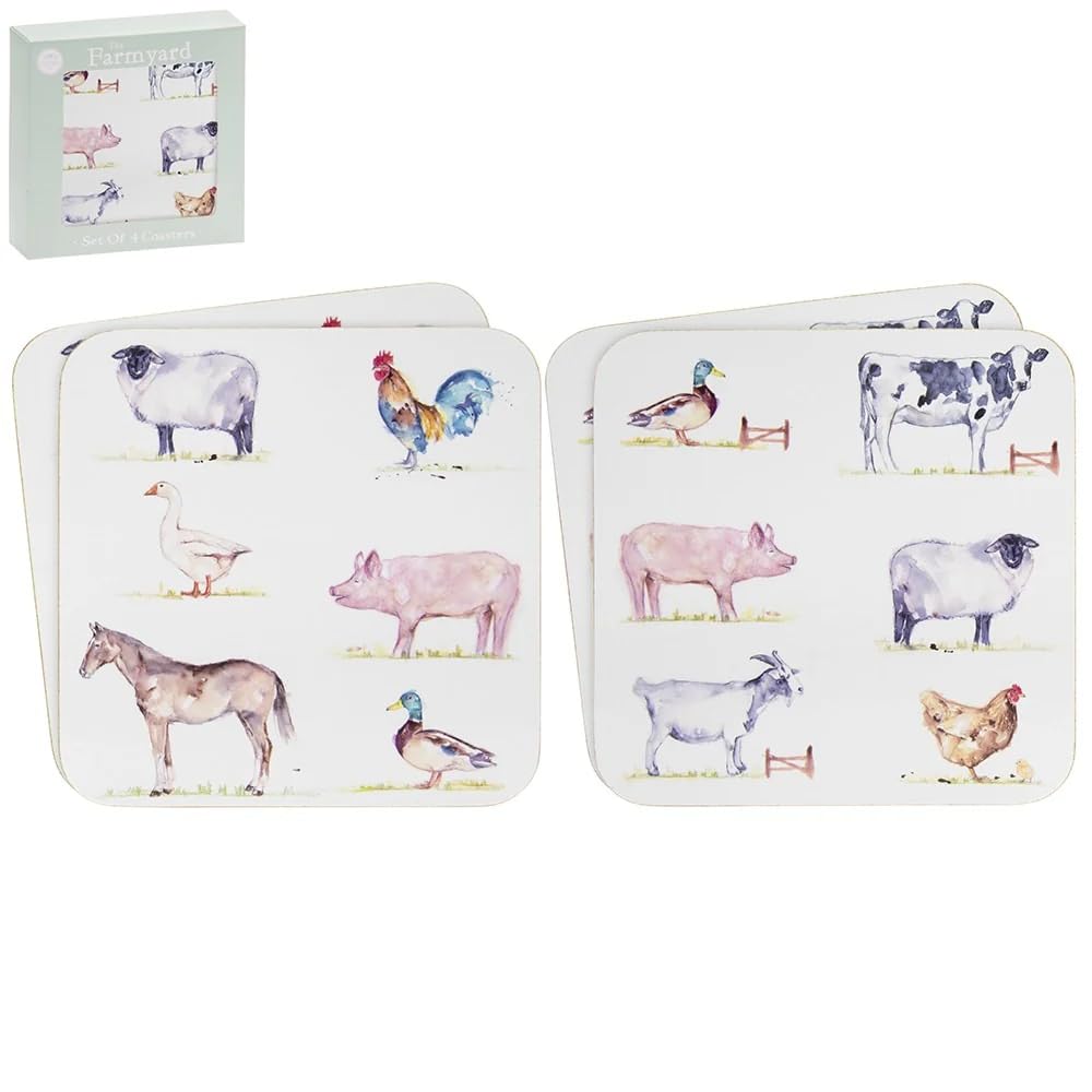 Set of 4 Cork Backed Boxed Melamine Square Farmyard Coasters