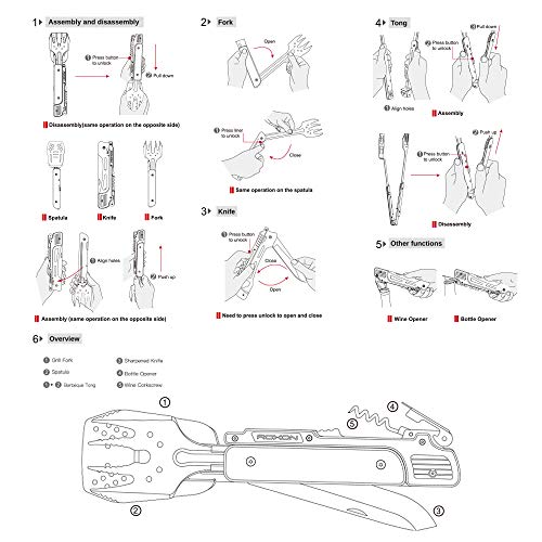 ROXON MBT3 6-in-1 Multifunktionales abnehmbares faltbares Grillwerkzeug-Set für Hinterhof-Grillen, Grillen und Camping