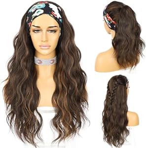 SAPPHIREWIGS Headband Wig Loose Body Wavy Glueless Synthetic Hair for Black Women Wave None Lace Front Wigs Mix Brown Color Headband Wigs 150% Density 26inches