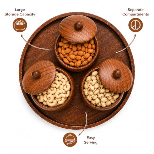 Image of Wooden Dry Fruit Serving Tray with 3 Lidded Bowls | Premium Sheesham Wood Snack Serving Set | Dry Fruit Container Set with Tray | Mukhwas Box | Chocolate & Candy Serving Tray | Handmade Gift