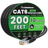 CableGeeker Cat 6 Flat Ethernet Cable 200ft, 10Gbps, Black