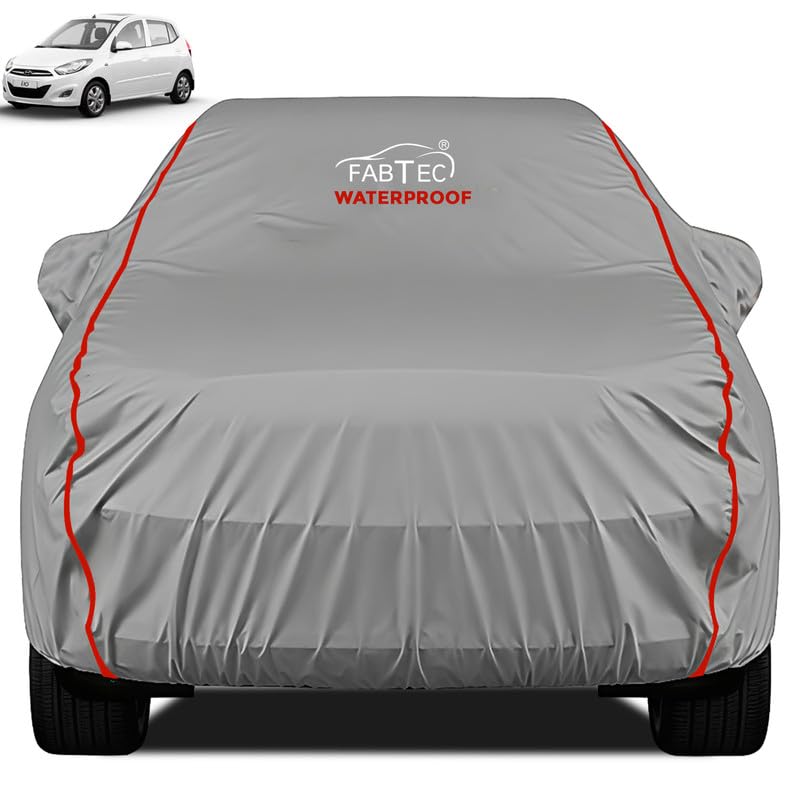 FABTEC Waterproof Premium Car Cover for Hyundai i10 Old Super Waterproof Car Body Cover Heavy Duty Durable PEVA Grey with Red Piping