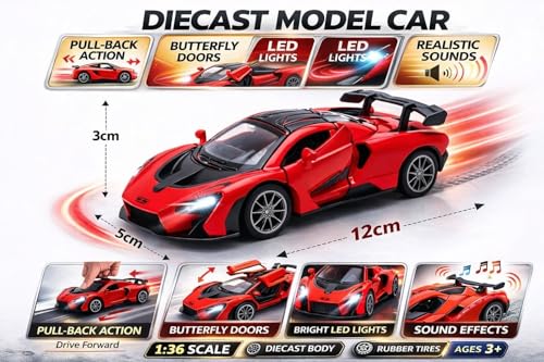 Image of 1:32 Scale Mc-Laren Model Super Car - Exclusive Alloy Metal Pullback Toy with Openable Doors, Lights, and Music for Kids (Red)