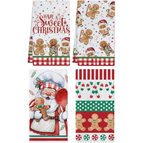 Cesqouc 4 Pack Ultra Soft Microfiber Highly Absorbent Christmas Print Hand Towels 15.8 x 23.6 in