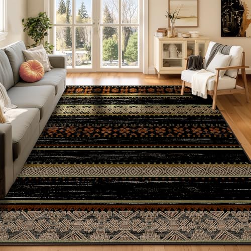 BESTSWEETIE 5x7 Area Rugs for Living Room Washable Moroccan Farmhouse Neutral Geometric Low Pile Non-Slip Soft Print Pattern Rug for Bedroom Kitchen Dining Room Entryway Black/Red/Brown/Cream/Yellow