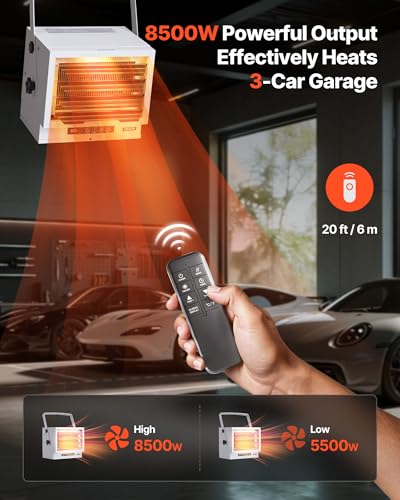 Image of VEVOR Electric Garage Heater, 10000-Watt with Remote Control & 10 Hour Timer & Overheat Protection Wall /Ceiling Mounted Shop Heater, Commercial Fan-forced for Indoor Workshop Warehouse,240V White