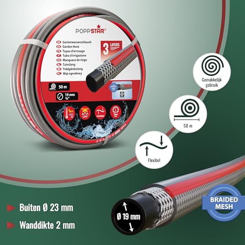 Poppstar PVC Tuinslang 50m, 19mm Binnendiameter 23mm Buitendiameter (3/4 inch), 3-laags, Druk max. 7 bar, Flexibele Tuinwaterslang - Afbeelding 4