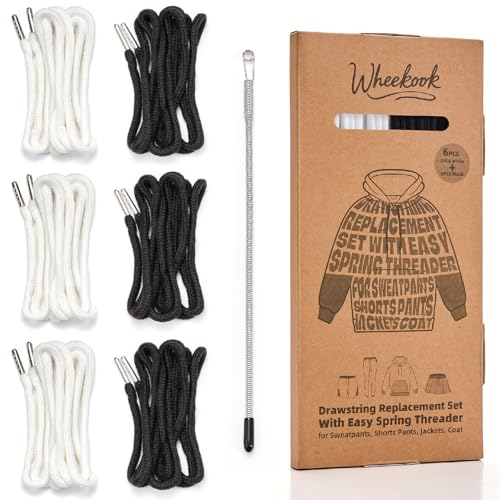 Easy Pants String Threader with 6 Drawstrings Replacements, 57 Inch Draw Strings Cords for Hoodies, Sports Pants, Short-Pants, Sweaters, Easy Threaders and Useful Sewing Cords (3 Black, 3 White)