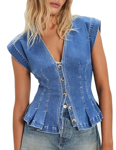 Nitzana Women's Denim Vest Trendy 2026 Cap Sleeve Deep V Neck Button Down Jean Vest Tops for Women Summer Crop Waistcoat Blue XL