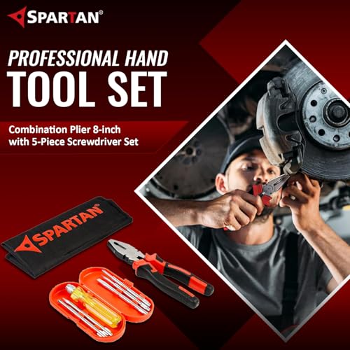 Image of Spartan Combination Plier 8-inch With 5-Piece Screwdriver Set | Heavy-Duty Hand Tool Combo for Home & Professional Use | Bending, Holding, Cutting, Pulling & Repairs | Carry Case Included