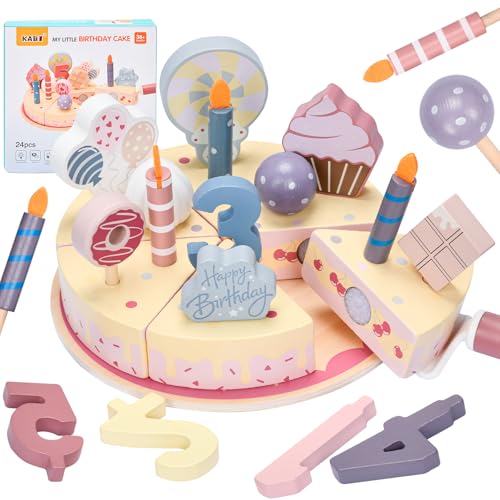XULIERUX Jeu De Gâteau d'anniversaire en Bois, Jeux De Cuisine pour Enfants, Accessoires De Cuisine Séparables Et Combinables, Jouet en Bois pour Filles Et Garçons À...