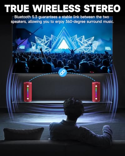 Image of OHAYO Bluetooth Speaker, Portable Wireless, IPX7 Waterproof, Powerful 25W Sound, 24H Playtime, Dual Pairing, Active Bass, Colorful Lights, Bluetooth 5.3, Outdoor Speakers for Home /Party /Beach, Red