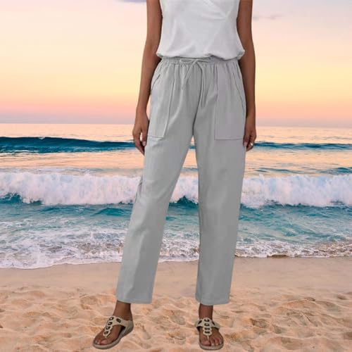 Womens Linen Trousers with Pockets Summer Elastic Waist Drawstring Straight Leg Lightweight Loose Long Pants3